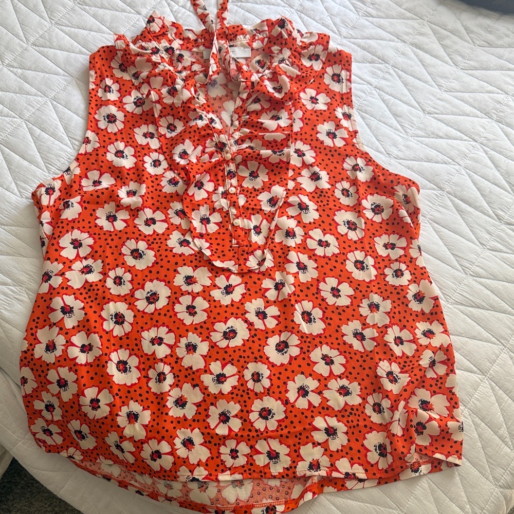 LOFT Orange Sleeveless Floral Ruffle Neck Blouse